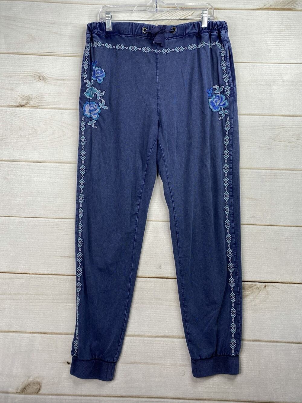 Sundance Pants Womens L Blue Embroidered Floral Jogger Sweatpants Boho Cottage